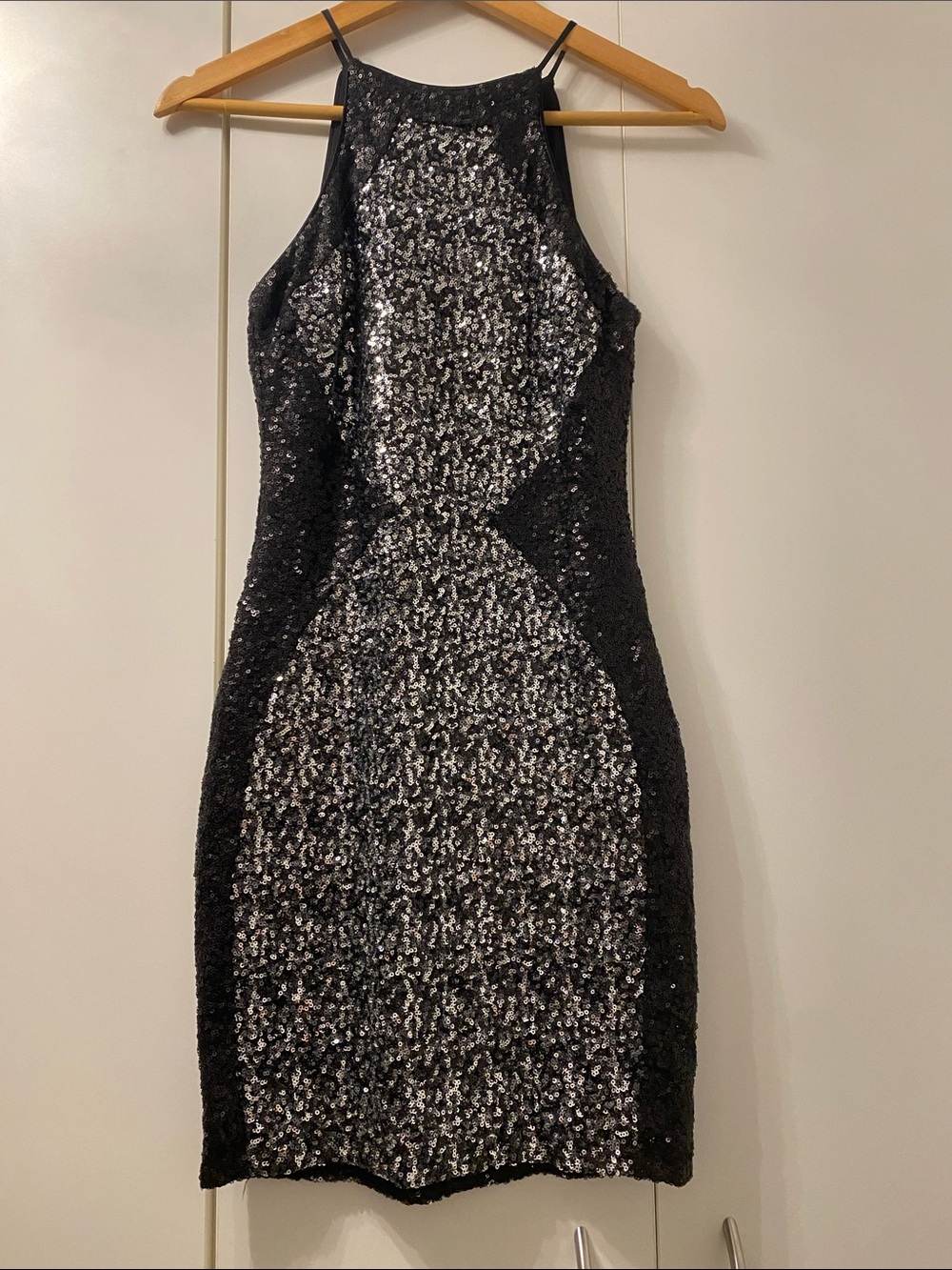 Dress the Population Black and Silver Sequin Halter Mini Dress